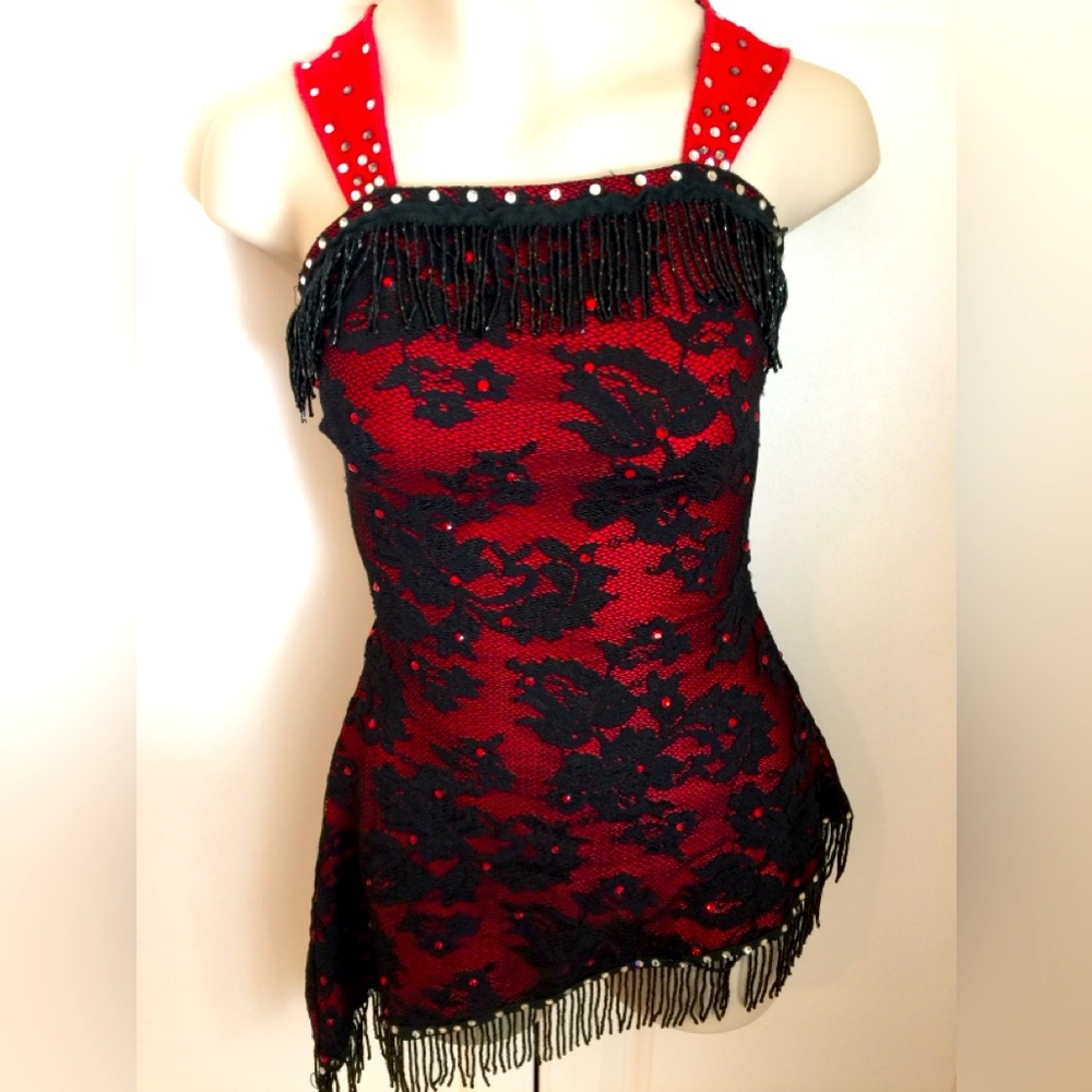 ✨HP✨ GIRLS CUSTOM RED & BLACK LACE ONE PIECE RHINESTONED COSTUME, SIZE 8 (SLIM)